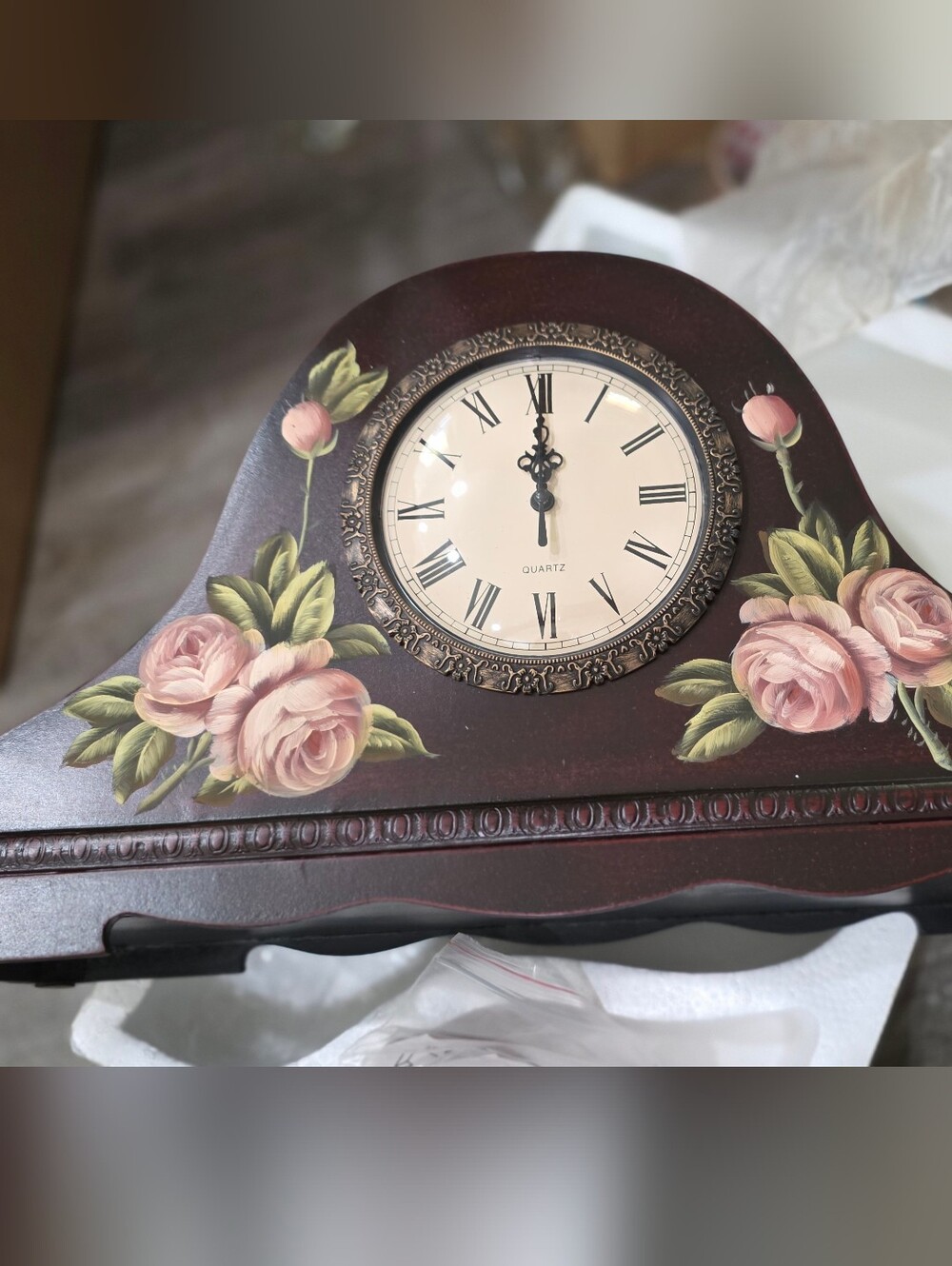 New Vintage Hand-Painted Pink Rose Mantel Clock - Quartz Wall Decor